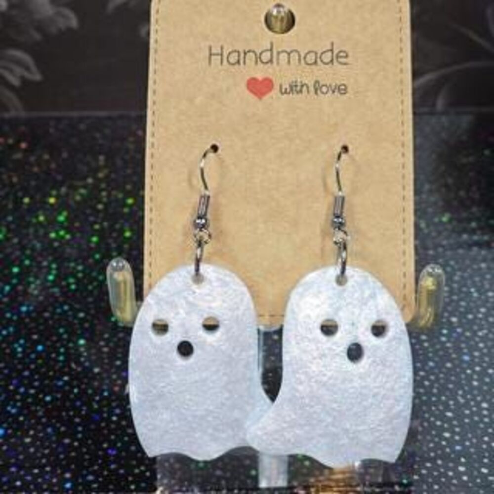 Cute Handmade Ghost Earrings - Shimmery Halloween Dangle Earrings